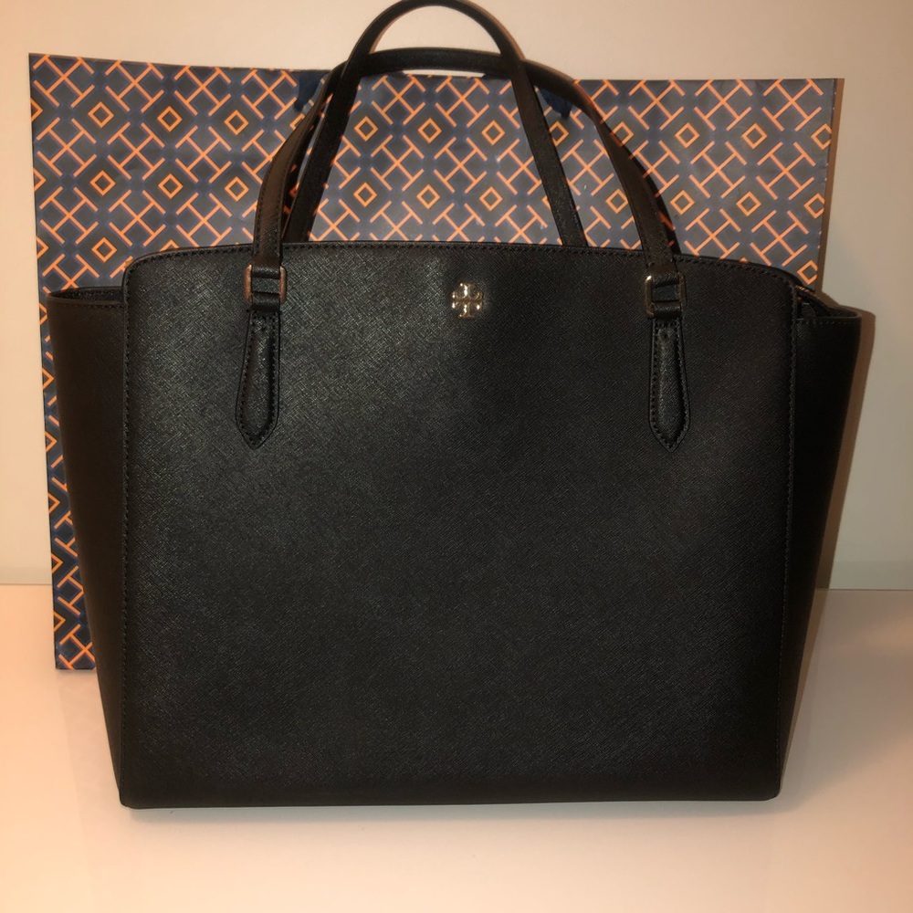 NWT Tory Burch Black Leather Emerson Top Zip Tote